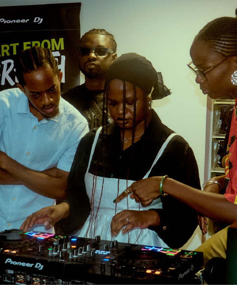 Workshop attendees scratching on turntables